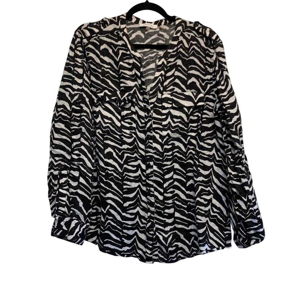 Calvin Klein‎ Button Down Shirt XL Zebra Print Linen Long Sleeve Mob Wife Chic